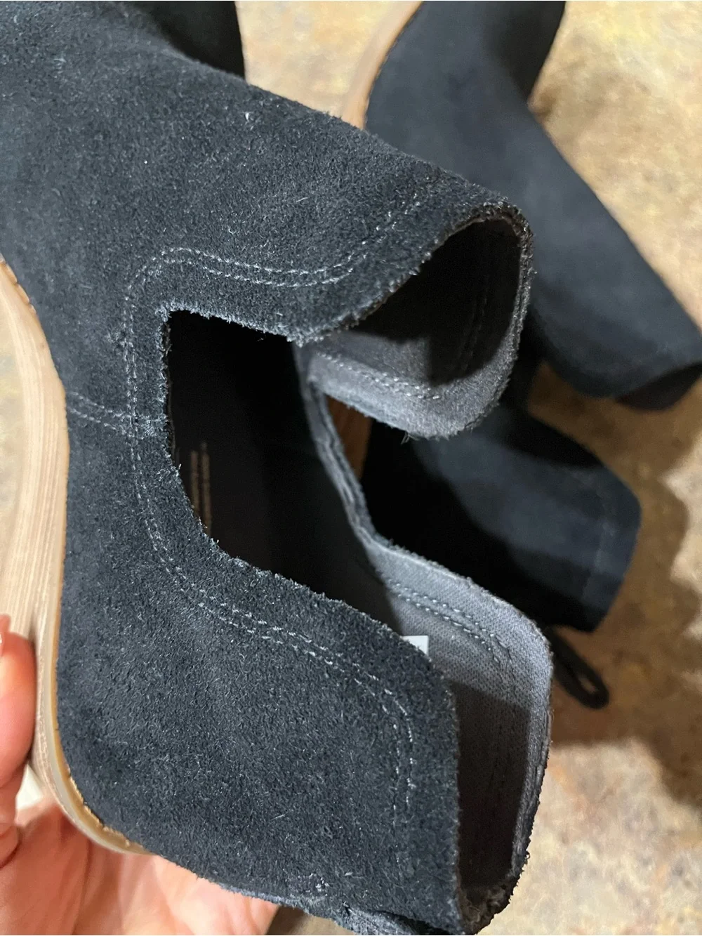 TOMS Black Suede Wedge Ankle Booties Cutout Stacked Heel Sz 8.5 Fall Winter